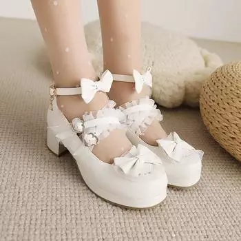 Новые элегантные кружевные туфли в стиле Лолита для женщин на высоком каблуке с жемчужными ремешками и бантом для милых девочек, туфли принцессы для чаепития, прекрасные туфли для студентов 34 белый