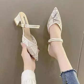 Новые элегантные пикантные женские сандалии на квадратном каблуке с кружевом, летние повседневные повседневные тапочки с острым носком, модные тапочки НЕТ:A39 35