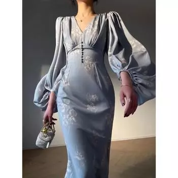 Новые элегантные платья русалки с принтом для женщин, новые летние тонкие платья с v-образным вырезом и длинными рукавами для подиума, вечерние платья, женские платья S синий