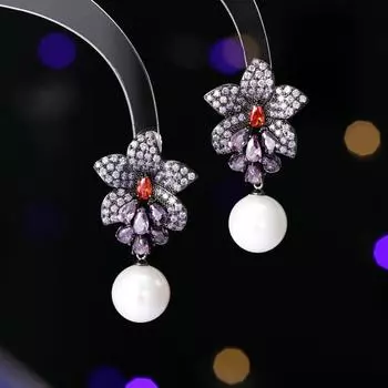 Новые элегантные серебряные серьги-иглы Flower Blossom Rich Light Luxury High Sense Zircon Flower Pearl Earrings розовый