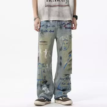 Новые американские уличные граффити рваные крашеные джинсы мужские прямые свободные широкие штанины S