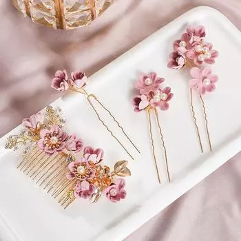 Новые антикварные аксессуары для волос Hanfu Фиолетовый сплав Цветочный гребень Набор жемчужных U-образных зажимов Свадебные аксессуары для головы золотой