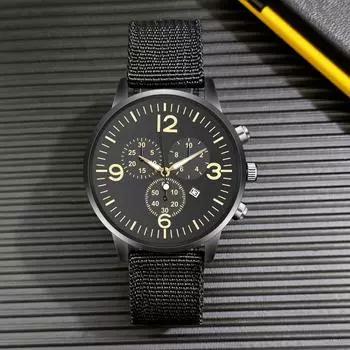 Новые армейские холщовые часы с люминесцентным ремешком и датой, мужские кварцевые часы с нейлоновым ремешком, аналоговые военные часы, модные военные часы, повседневный календарь чёрный