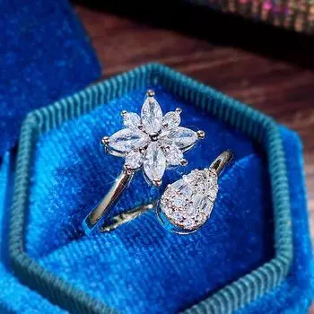 Новые эстетические женские открывающиеся кольца с блестящими кольцами с цветком CZ, свадебные женские аксессуары, ювелирные изделия высокого качества серебряного цвета Resizable