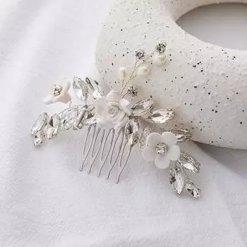 Новые аксессуары Свадебный белый хрустальный головной убор Аксессуары Мягкий керамический цветок Аксессуары для свадебного платья Расческа для волос ручной работы серебряный
