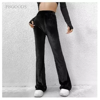 Новые бархатные женские повседневные брюки с высокой талией на осень и зиму, удобные удобные ботинки облегающего кроя S чёрный
