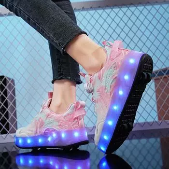 Новые беговые туфли для мальчиков с четырьмя колесами, роликовые коньки, деформирующиеся шнурки, светящиеся ходовые колеса 30