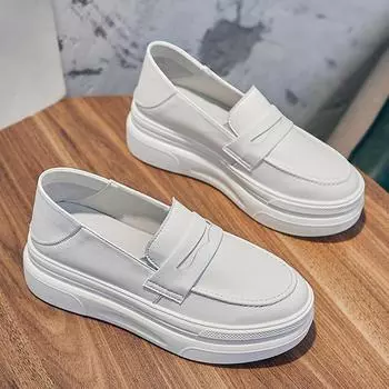 Новые белые лоферы на платформе из спилка из коровьей кожи, женские весенние туфли без шнуровки на плоской подошве из натуральной кожи для девочек, женская обувь без шнуровки на толстой подошве 8.5 белый