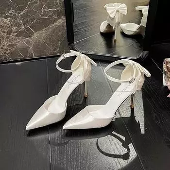 Новые белые свадебные туфли с лентой в одну линию, милые свадебные туфли с бантом на большом каблуке 33