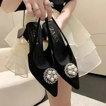 Новые бежевые босоножки на каблуке женские бархатные туфли с коротким носком черные новые замшевые модные летние туфли для девочек на низком каблуке 35 чёрный