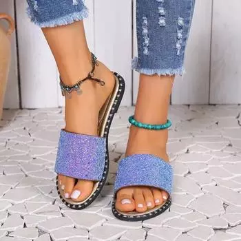 Новые блестящие модные женские тапочки со стразами, женские римские туфли, сандалии на плоской подошве, женские повседневные пляжные шлепанцы с кристаллами 36 чёрный