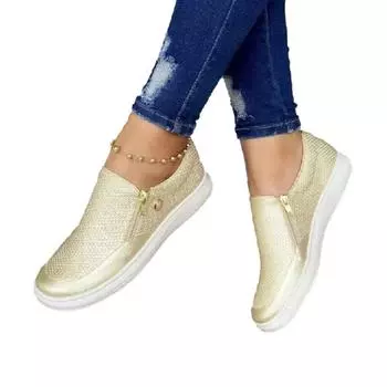 Новые большие повседневные туфли на молнии, спортивные дышащие нескользящие туфли на плоской подошве, женские туфли на плоской подошве, размеры 35–43 35 золотой