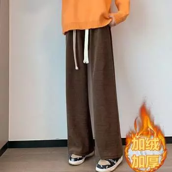 Новые большие размеры fat mm прямые спортивные брюки на шнурке женские осенне-зимние бархатные теплые прогулочные повседневные широкие брюки с высокой талией L