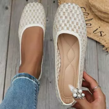 Новые большие размеры Flying Woven Square Head Flat Shoes дышащие повседневные вязаные туфли для женщин 36 белый