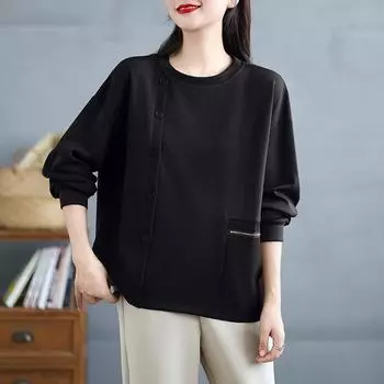 Новые большие размеры Весна Женщины Длинный рукав Свободные однотонные повседневные O-образный вырез Базовые топы Футболка Новый молния пуговицы пуловер L чёрный