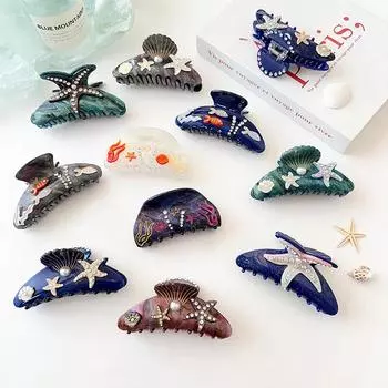 Новые большие заколки-крабы для волос Ocean Series Diamond Starfish Conch Hair Clips, акриловые заколки для волос в виде когтей акулы, аксессуары для волос ручной работы A3