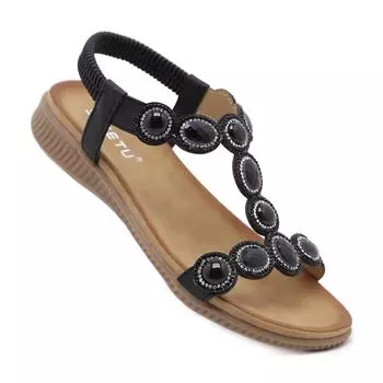 Новые босоножки Bohemian rhinestone удобные с круглым носком для отдыха на море большие размеры на плоской подошве 36 чёрный