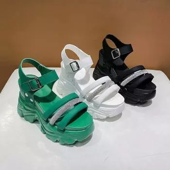 Новые босоножки на каблуке 10 см, женские туфли на толстой подошве, с круглым носком, на танкетке, с открытым носком, спортивные босоножки, женские повседневные босоножки на каблуке 34 белый