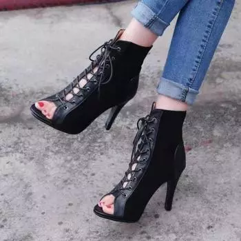 Новые босоножки на шнуровке на каблуках, женская обувь, летний тренд, черные сексуальные ботинки с открытым носком, модные туфли на шпильке, женские сандалии для джазовых танцев 36 чёрный