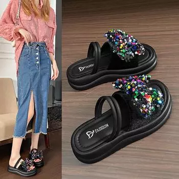 Новые босоножки на толстой подошве со стразами женские босоножки в стиле римских кексов на толстой подошве модные женские босоножки на мягкой подошве 35 чёрный