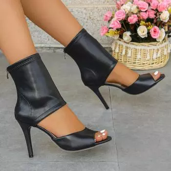 Новые босоножки на высоком каблуке с застежкой-молнией сзади из искусственной кожи для банкета на открытом воздухе для женщин 36 чёрный
