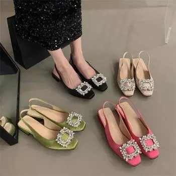 Новые босоножки со стразами Mary Jane Shallow Mouth Comfort Shoes Женские летние туфли на каблуках с острым носком для девочек Высокие ретро-туфли среднего размера 35 чёрный