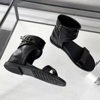 Новые ботильоны с открытым носком, женские летние модные сандалии на плоской подошве с заклепками и пряжкой на квадратном каблуке, элегантные кожаные ботинки 35 чёрный