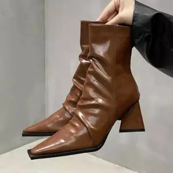 Новые ботильоны женские осенне-зимние короткие остроносые женские дизайнерские модные женские лакированные кожаные сапоги на толстом каблуке с застежкой-молнией 35