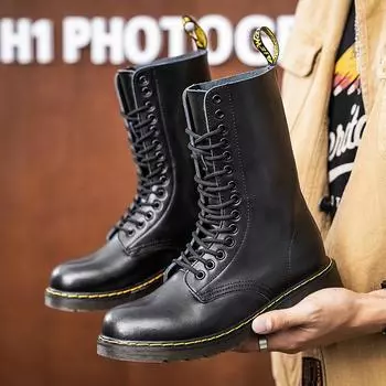 Новые ботинки для пары, натуральная кожа, мотоциклетная обувь, дышащие, длинные, до середины голени, нескользящие, теплые, хлопковые, мужские и женские, ботинки челси 35 чёрный