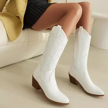 Новые ботинки до середины голени в стиле вестерн, модные женские вышитые ботинки в ковбойском стиле с острым носком на толстом каблуке для верховой езды, размер плюс 46 6