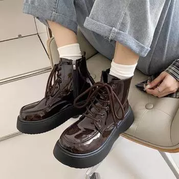 Новые ботинки Martin на толстой подошве из лакированной кожи с короткими перекрещивающимися ремешками, повседневные универсальные кожаные ботинки, удобные и мягкие подошвы 35 чёрный