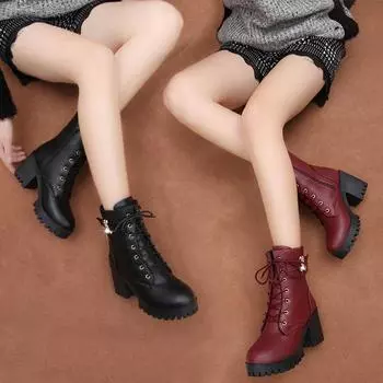 Новые ботинки martin на высоком каблуке 8 см, женские ботинки martin с круглой головкой и толстой подошвой, непромокаемые женские ботинки на высоком каблуке из кружева и бархата на средней кепке 35