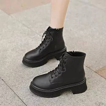 новые ботинки на толстой подошве для женщин, осенние и зимние короткие ботинки для женщин, ретро-ботфорты, женские туфли на танкетке со шнуровкой 35