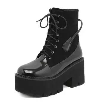 Новые ботинки на толстой подошве на каблуке 8 см, рыцарские сапоги Amazon в иностранном стиле, эластичные женские ботинки на шнуровке, Lhx 35 чёрный
