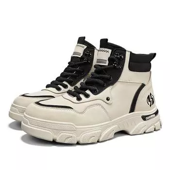 Новые ботинки, обувь для мужчин, кожаные ботинки, высокие повседневные туфли, молодежная уличная мода, универсальные ботильоны 2024 39 бежевый