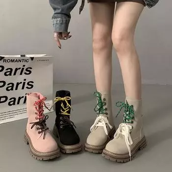 Новые ботинки в британском стиле для женщин, осень-зима, новые повседневные ботинки на шнуровке, высокие ботинки для женщин, нескользящие ботинки на толстой подошве для походов на открытом воздухе 35 бежевый