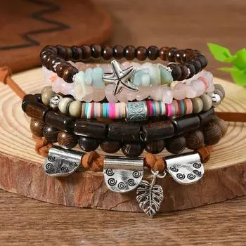 Новые браслеты из 6 частей из деревянных бусин, из дерева куриного крыла, из бисера, из гальки, из мягкой керамики, мужские и женские, подходят для повседневной носки мужчинами и женщинами. разноцветный