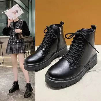 Новые британские ботинки Martin Boots с квадратным каблуком, короткие женские ботинки на толстой подошве, черные кожаные ботинки 35 чёрный
