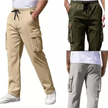 Новые брюки-карго, мужская свободная прямая одежда большого размера, однотонная серая универсальная рабочая одежда, черные бегуны с несколькими карманами, повседневные мужские брюки S чёрный