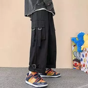 Новые брюки-карго, мужские трендовые свободные прямые брюки, повседневные брюки High Street, широкие мужские брюки S чёрный