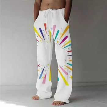 Новые брюки с креативной 3D-печатью, повседневные мужские свободные льняные брюки широкого кроя с завязками S