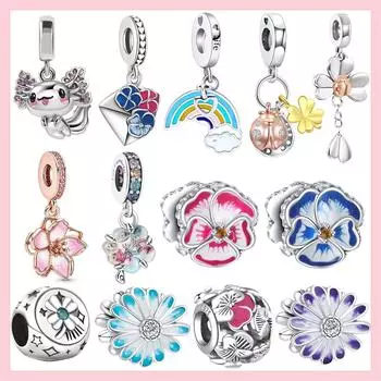 Новые бусины из стерлингового серебра 925 пробы, весенний цветок, бабочка, стрекоза, подвеска, подходит для оригинального браслета, ювелирных изделий, подарок