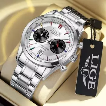 Новые цельнометаллические модные мужские часы LIGE, лучший бренд класса люкс, деловые повседневные кварцевые часы, водонепроницаемые автоматические часы с хронографом и датой золотой/белый