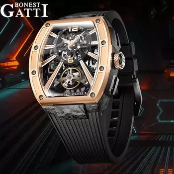 Новые часы Bonest Gatti, мужские винные бочонки, автоматические полые механические часы, спортивные часы из углеродного волокна