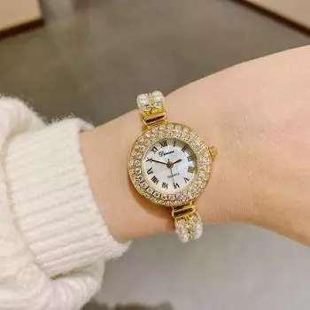 Новые часы с жемчужным браслетом, простые модные женские ретро-часы с римской шкалой, легкие, роскошные, элегантные кварцевые часы