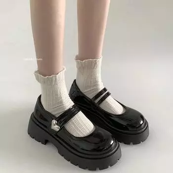 Новые черные и круглые женские кожаные туфли с толстой подошвой, летние туфли в стиле ретро на низком толстом каблуке 35 чёрный