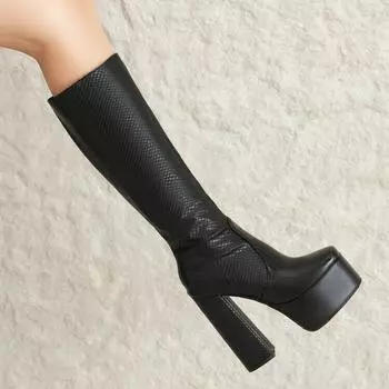 Новые черные кожаные сапоги на высоком каблуке 2025 новые толстые каблуки, но сапоги до колена женские 34 коричневый