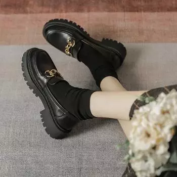 Новые черные кожаные туфли в британском стиле, женские лоферы на толстой подошве с конской подошвой, весенне-осенние туфли без шнуровки на платформе 34