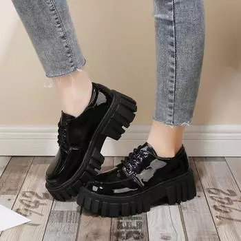 Новые черные туфли на платформе в стиле британской моды, женские туфли на платформе, кожаные туфли с одинарными туфлями 35