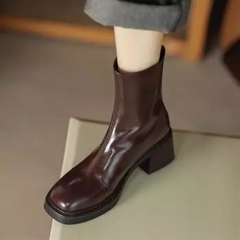 Новые черные туфли Omen s из натуральной кожи, женские ботинки, грубые ботинки на толстой подошве, однотонные женские туфли, ботинки на высоком каблуке 35 чёрный